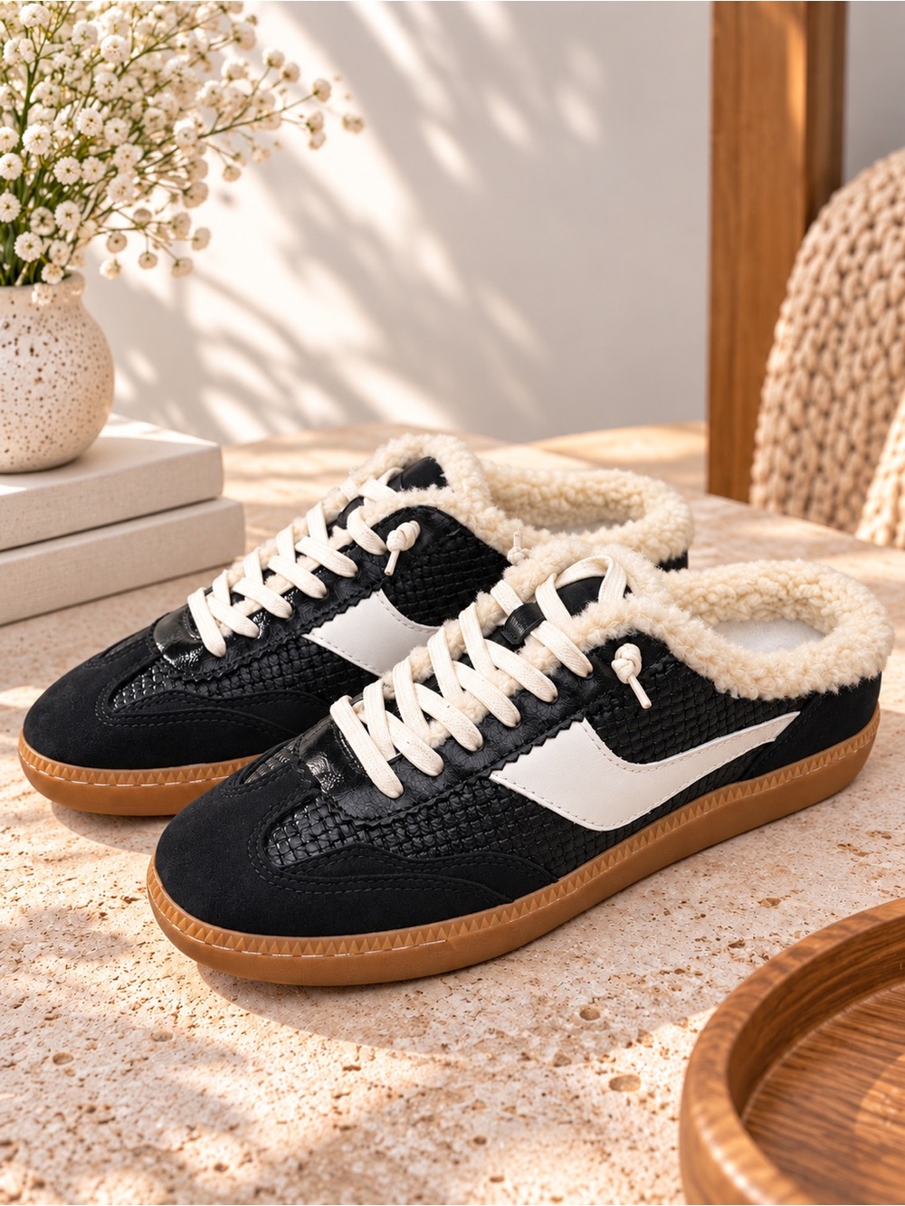 Dolce Vita Notice Slide Plush Black Leather Sneakers Size 9 Shearling